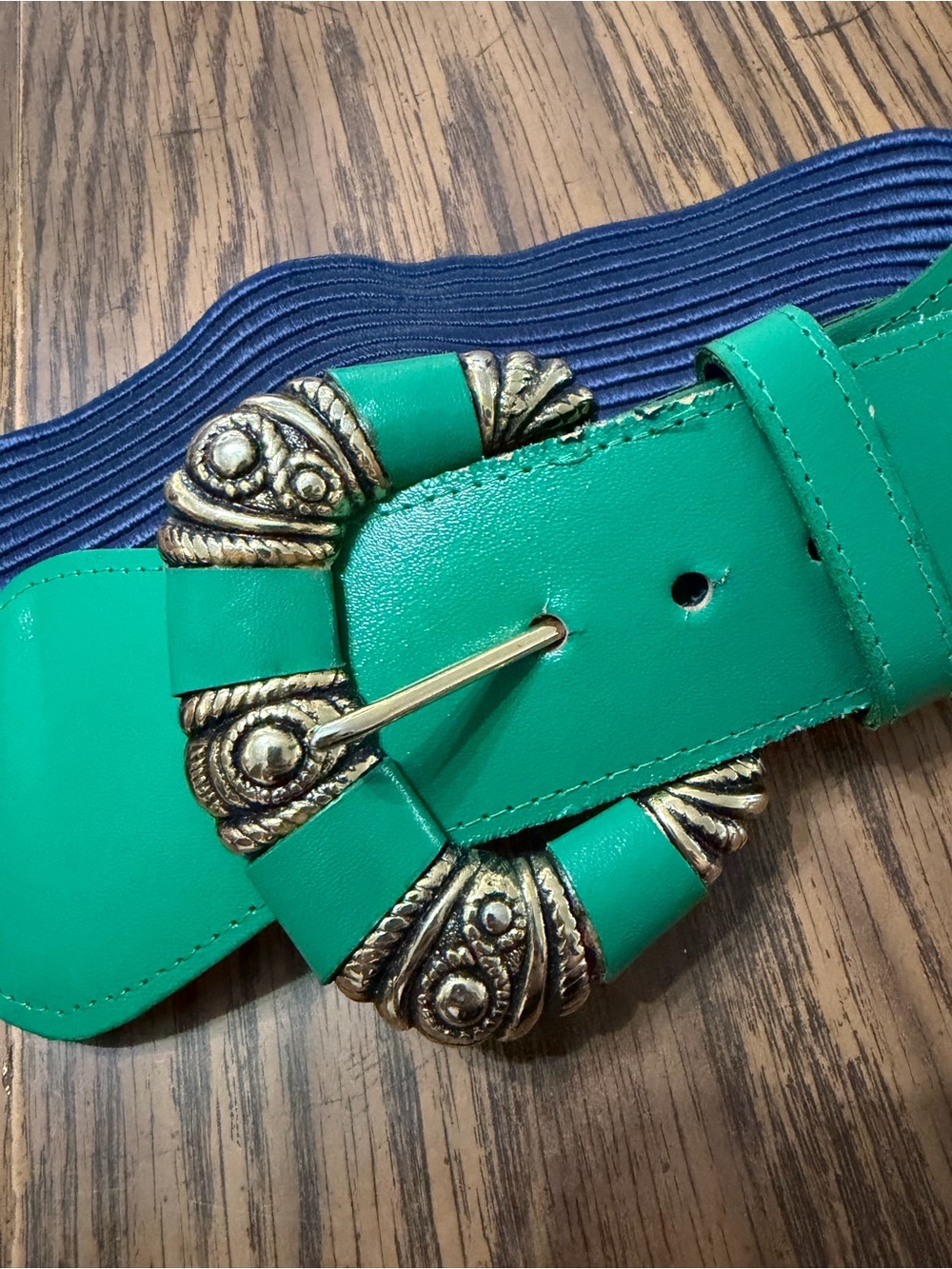 Vintage Green Wide Elastic Belt with Ornate Gold Buckle